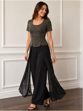 Nuit Vintage Black Metallic Layered Wide-Leg Jumpsuit Size 7/8 Cocktail Formal
